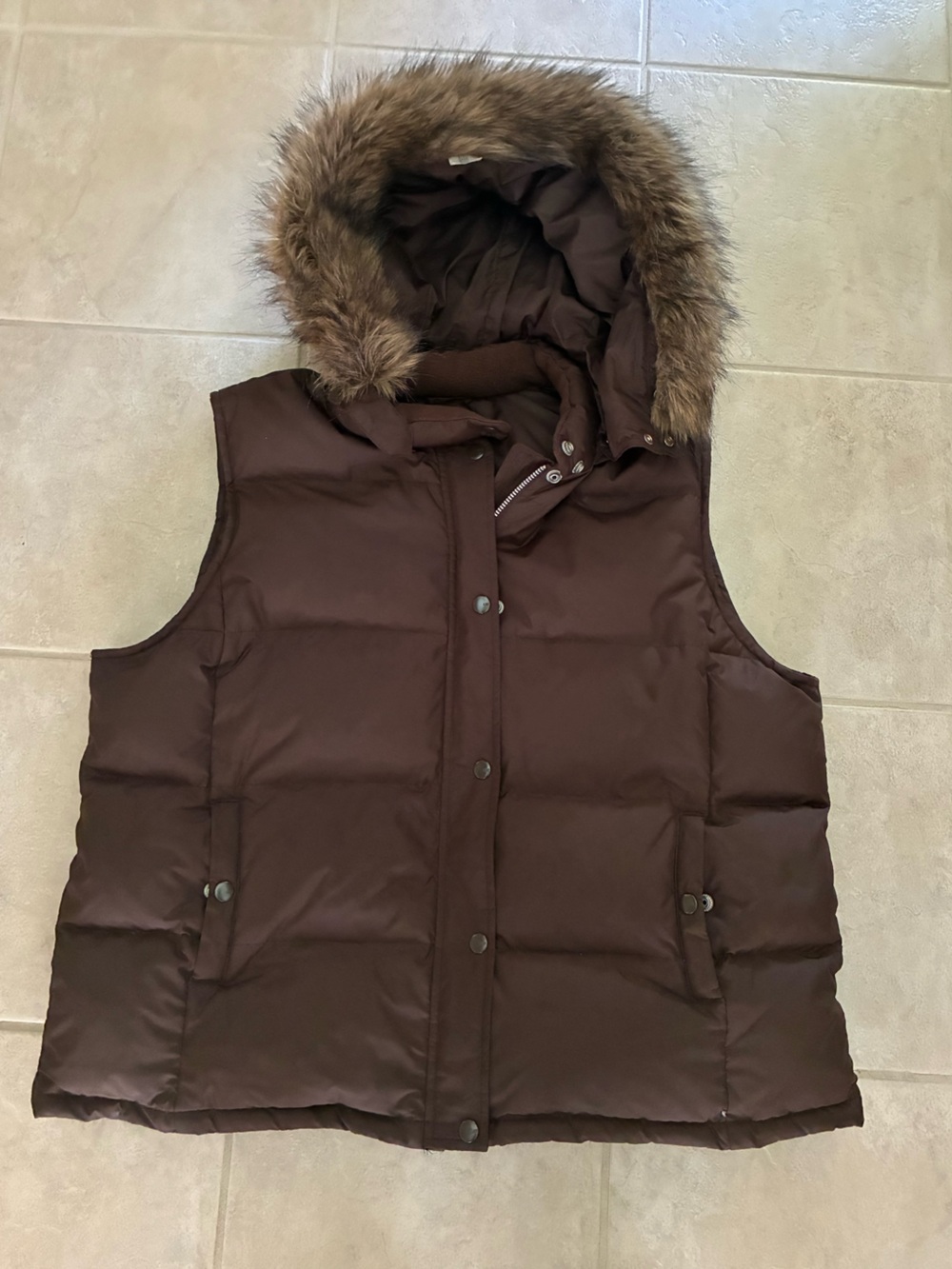 GAP Brown Quilted Puffer Vest with Faux Fur Trim Hood